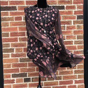 Simons Floral Chiffon Dress Black Brown Pink Size S Romantic Boho